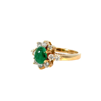 14K Yellow Gold Oval Emerald & Diamond Flower Halo Ring