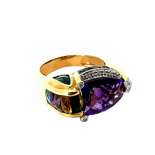 18K Luxurious Vintage Multi-Color Tourmaline & Amethyst Gold Ring