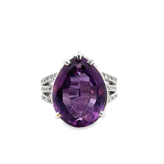 14K White Gold Elevated Pear-Cut Amethyst & Diamond Statement Ring