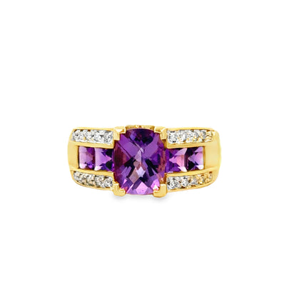 Striking 14K Yellow Gold Amethyst & Diamond Band Ring