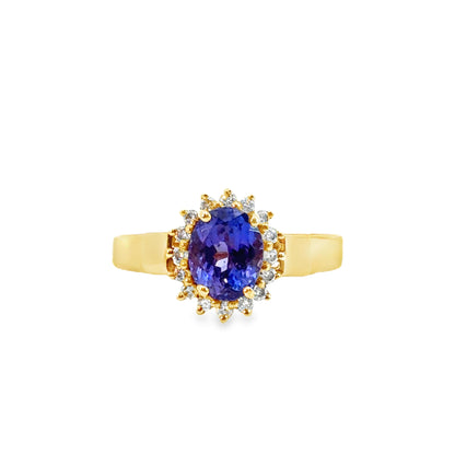 18K Yellow Gold Tanzanite & Diamond Halo Ring