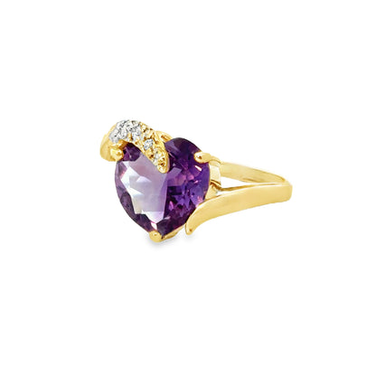 14K Yellow Gold Romantic Heart-Shaped Amethyst & Diamond Accent Ring