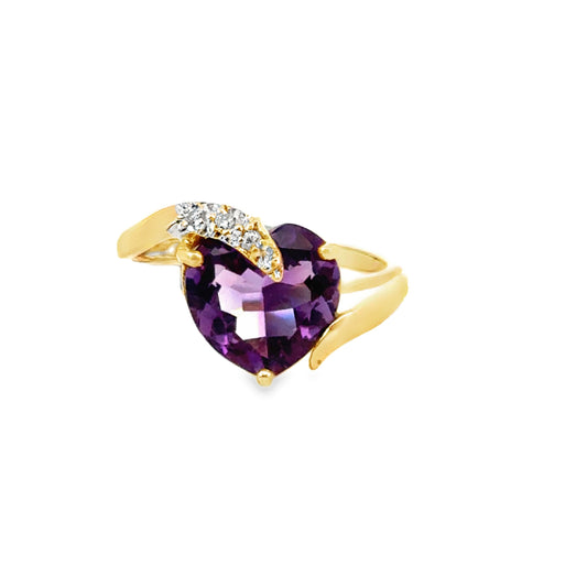 14K Yellow Gold Romantic Heart-Shaped Amethyst & Diamond Accent Ring
