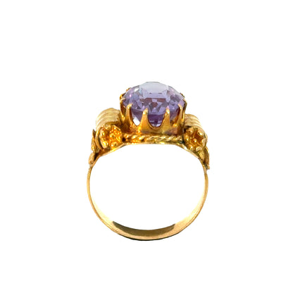 18K Yellow Gold Amethyst Ring – Intricate Floral and Rope Design