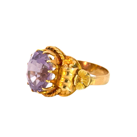 18K Yellow Gold Amethyst Ring – Intricate Floral and Rope Design