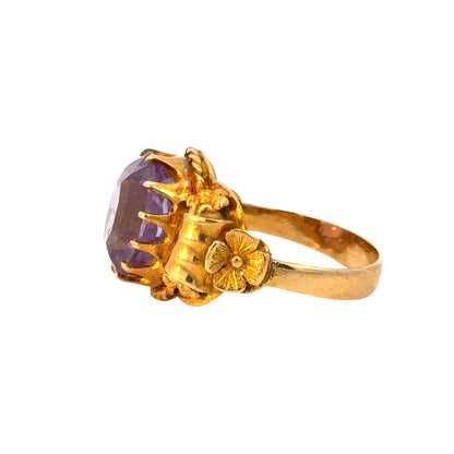 18K Yellow Gold Amethyst Ring – Intricate Floral and Rope Design