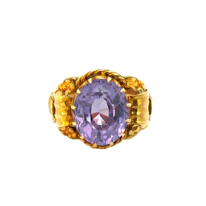 18K Yellow Gold Amethyst Ring – Intricate Floral and Rope Design