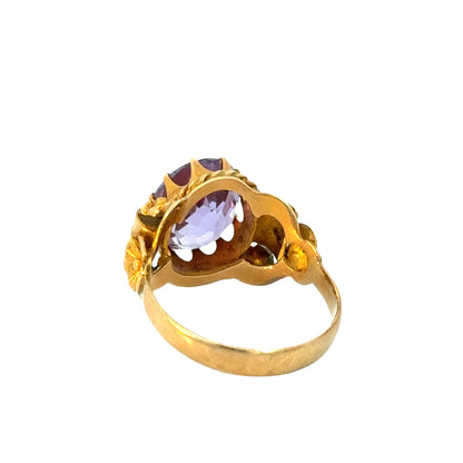 18K Yellow Gold Amethyst Ring – Intricate Floral and Rope Design