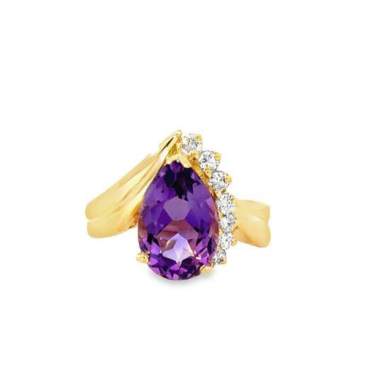 Elegant 14K Yellow Gold Pear Amethyst & Diamond Accent Ring