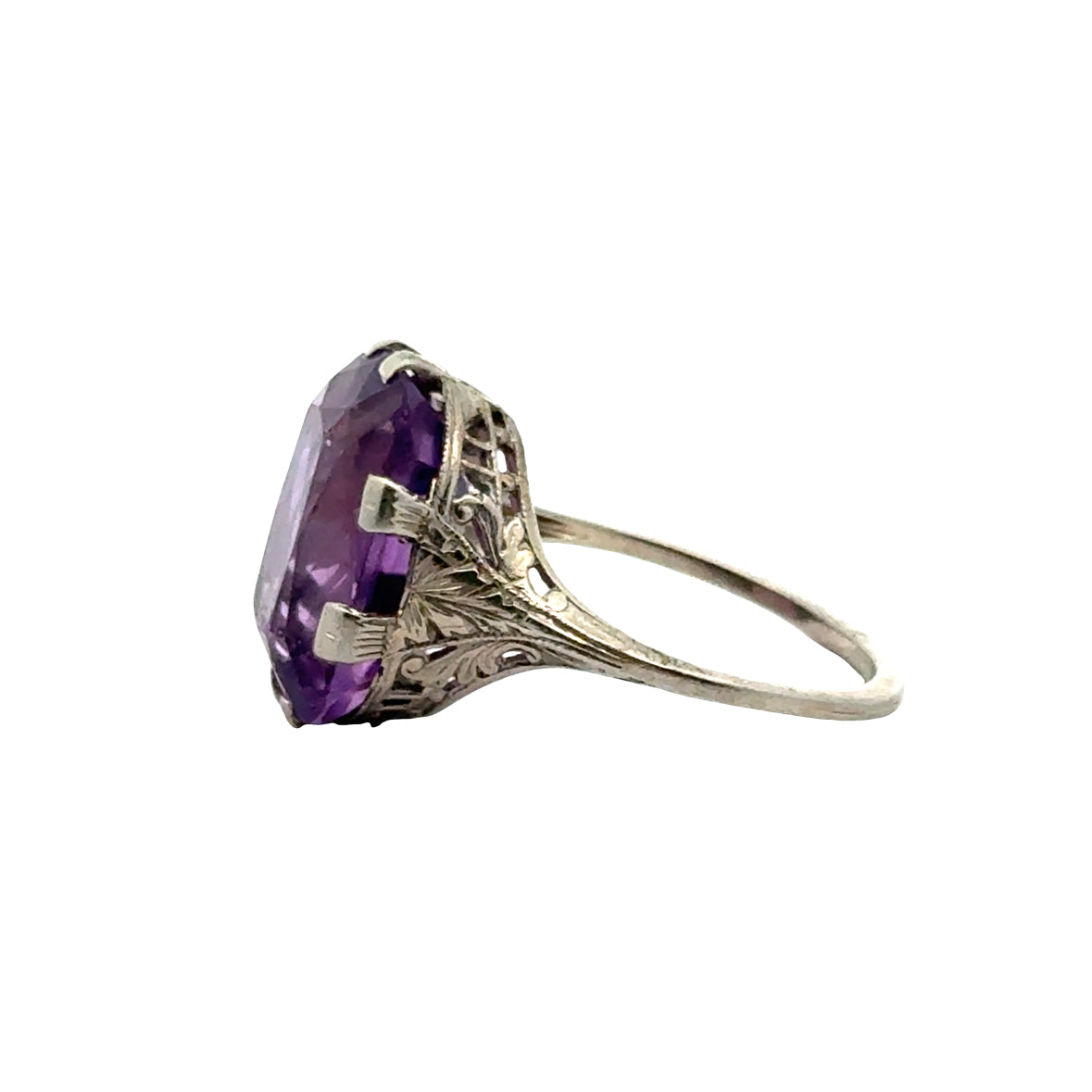 Antique 1920’s 18K White Gold Filigree Amethyst Ring