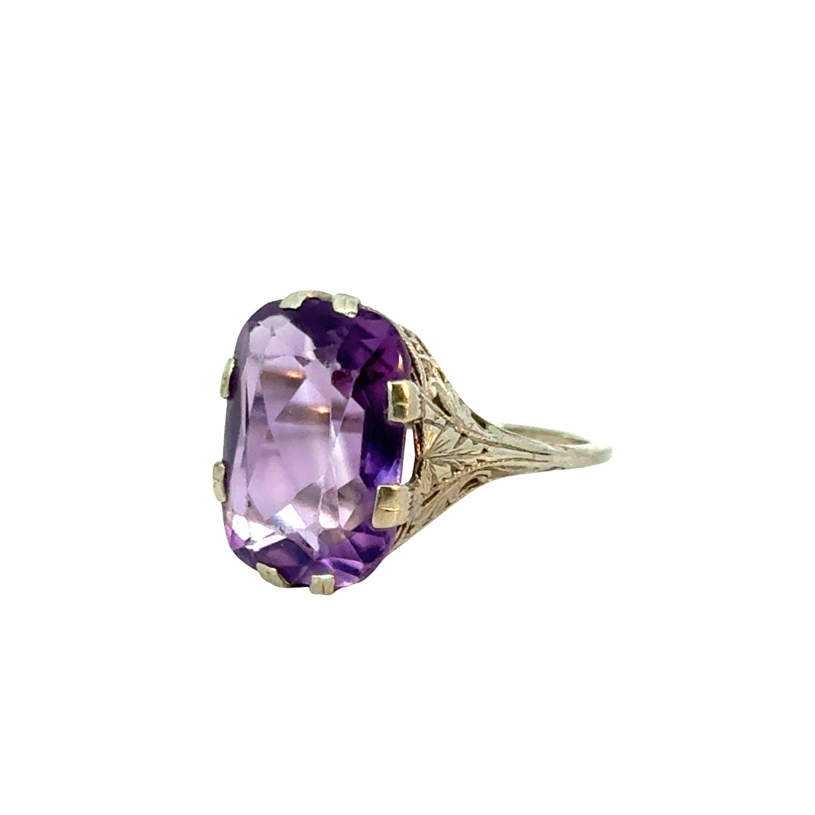 Antique 1920’s 18K White Gold Filigree Amethyst Ring