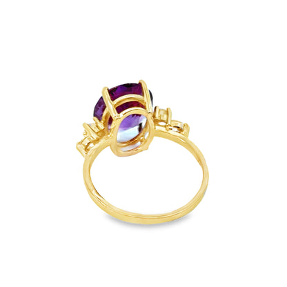 14K Yellow Gold Deep Magenta Amethyst Ring with Diamonds