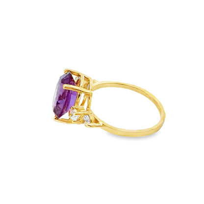 14K Yellow Gold Deep Magenta Amethyst Ring with Diamonds