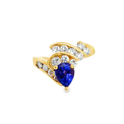 Unique 14K Yellow Gold Tanzanite & Diamond Swirl Ring