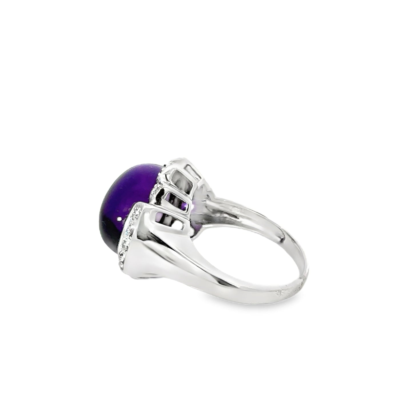 14K White Gold Large Amethyst Cabochon & Diamond Accent Ring