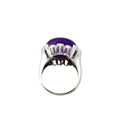 14K White Gold Large Amethyst Cabochon & Diamond Accent Ring