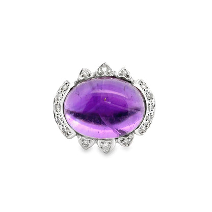 14K White Gold Large Amethyst Cabochon & Diamond Accent Ring
