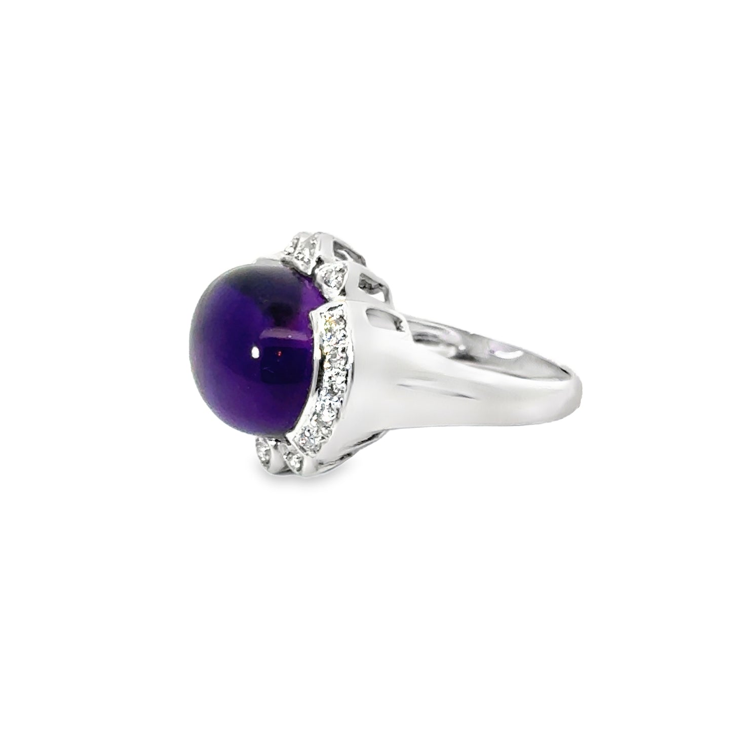 14K White Gold Large Amethyst Cabochon & Diamond Accent Ring