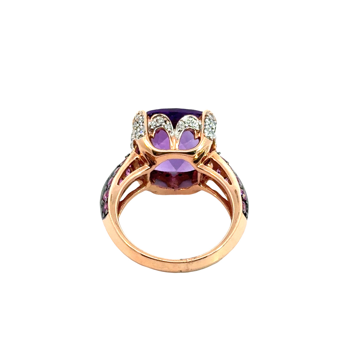 14K Rose Gold Elegant Amethyst Cushion Ring with Ruby & Diamond