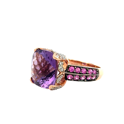 14K Rose Gold Elegant Amethyst Cushion Ring with Ruby & Diamond