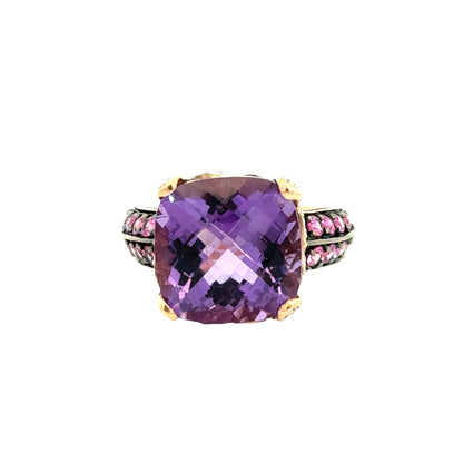 14K Rose Gold Elegant Amethyst Cushion Ring with Ruby & Diamond
