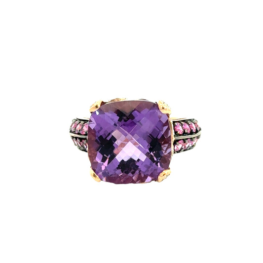 14K Rose Gold Elegant Amethyst Cushion Ring with Ruby & Diamond