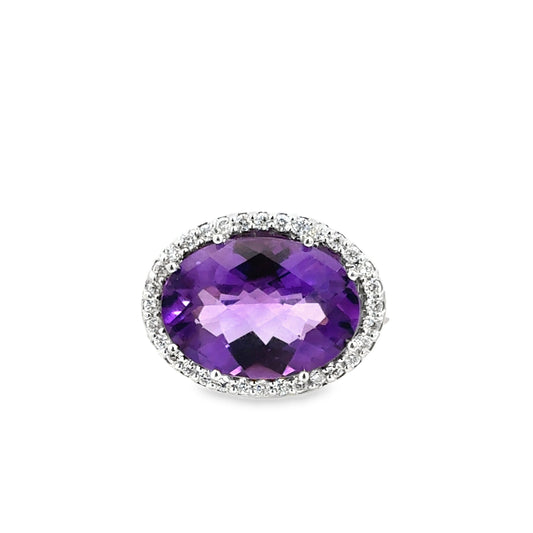 14K White Gold Vibrant Purple Amethyst Halo Ring with Diamonds