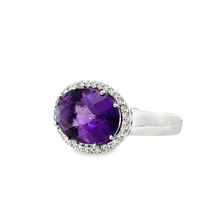 14K White Gold Vibrant Purple Amethyst Halo Ring with Diamonds