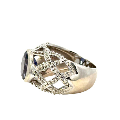 14K White Gold Tanzanite Lattice Filigree Ring