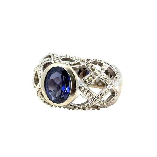 14K White Gold Tanzanite Lattice Filigree Ring