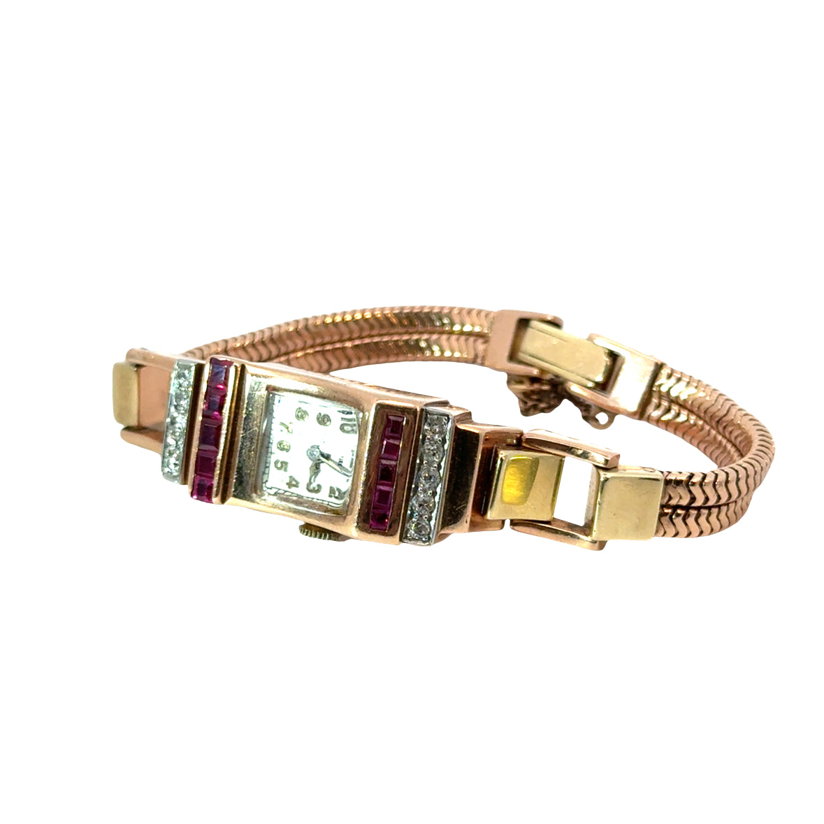 Retro Empire 14K Rose Gold Ruby & Diamond Watch – ca. 1940s–1950s
