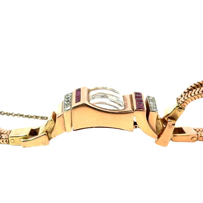 Retro Empire 14K Rose Gold Ruby & Diamond Watch – ca. 1940s–1950s