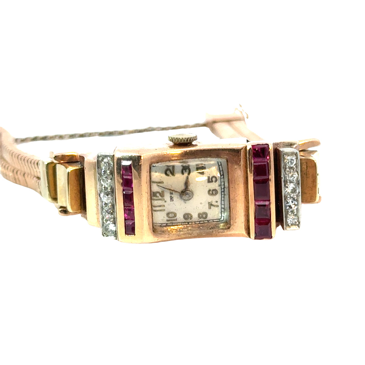 Retro Empire 14K Rose Gold Ruby & Diamond Watch – ca. 1940s–1950s