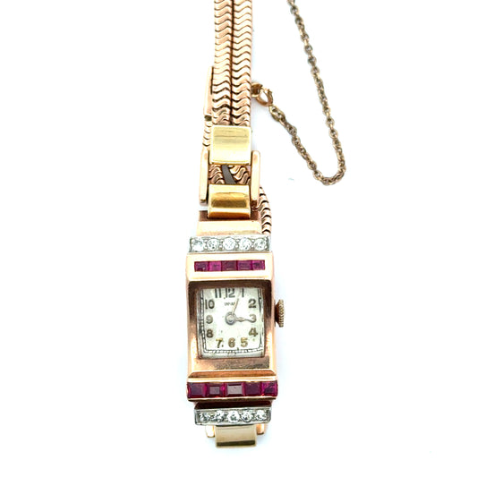 Retro Empire 14K Rose Gold Ruby & Diamond Watch – ca. 1940s–1950s