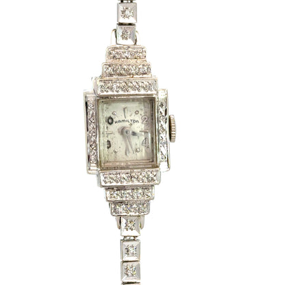 Hamilton Antique 14K White Gold Diamond Watch – Late Art Deco 1930s–1940s