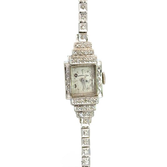 Hamilton Antique 14K White Gold Diamond Watch – Late Art Deco 1930s–1940s