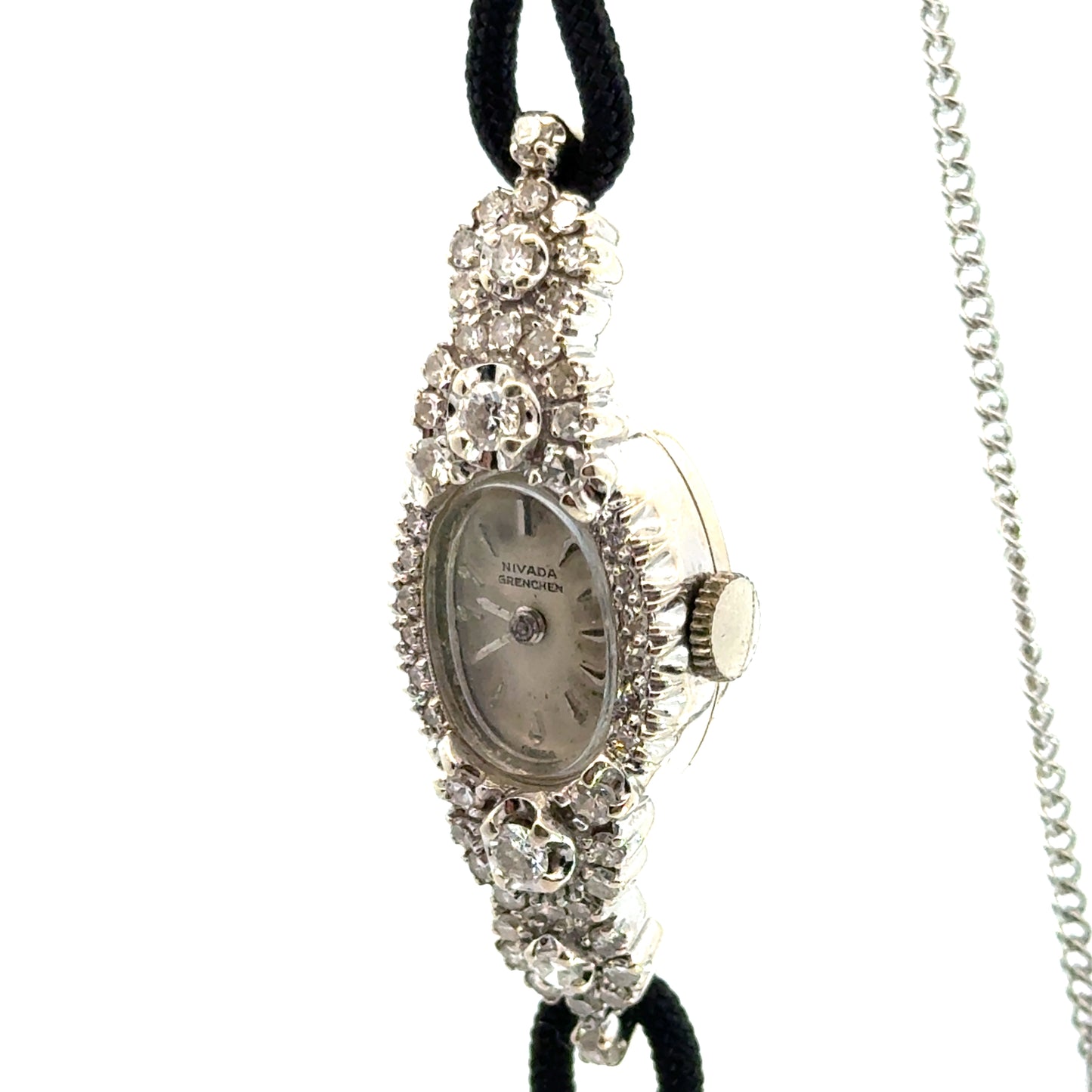 Vintage 1920s Nivada Grenchen Diamond Cocktail Watch – 14K White Gold