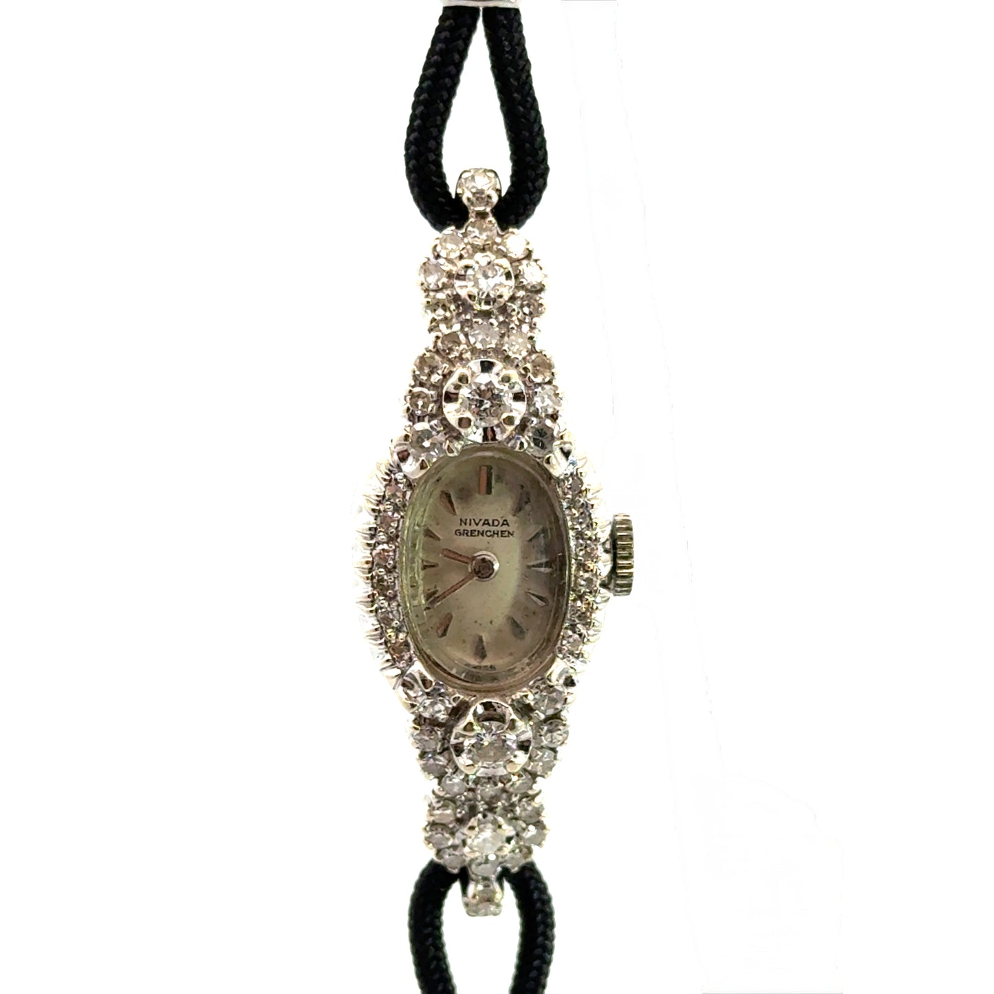 Vintage 1920s Nivada Grenchen Diamond Cocktail Watch – 14K White Gold