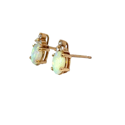 14K Yellow Gold Opal & Diamond Stud Earrings