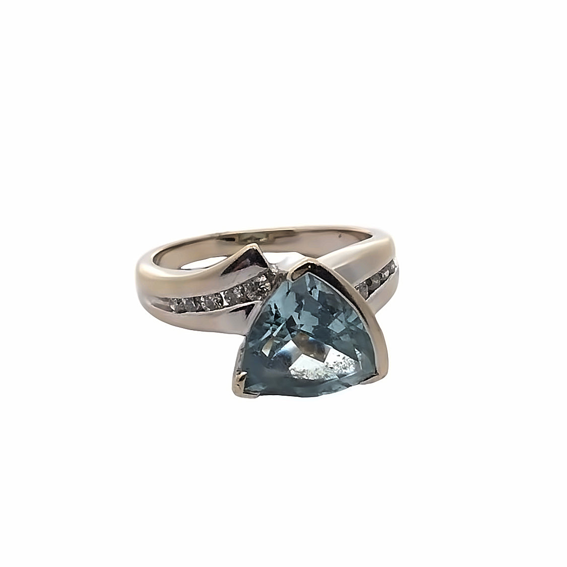 14K White Gold Ring with Trillion Cut Aquamarine Accented by Diamonds