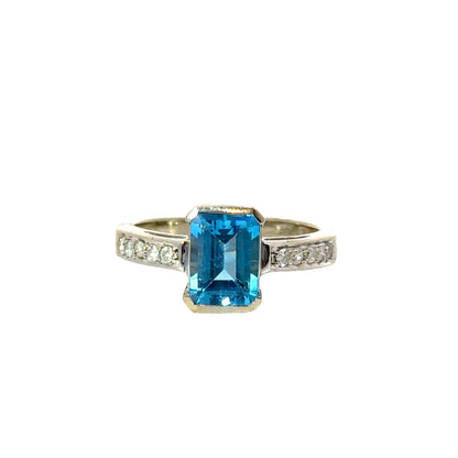1990s Blue Topaz & Diamond Ring in 14K White Gold