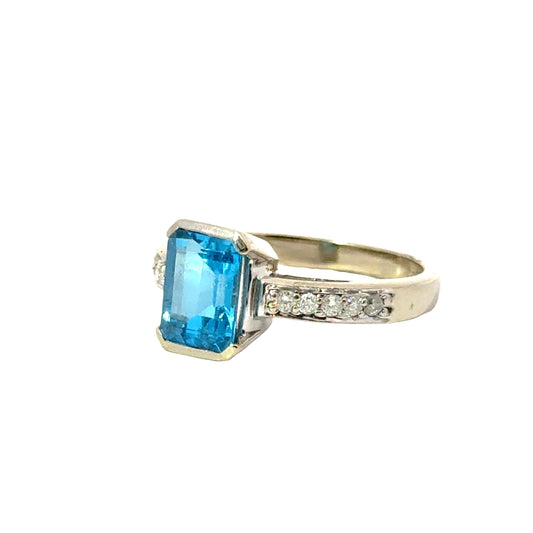 1990s Blue Topaz & Diamond Ring in 14K White Gold
