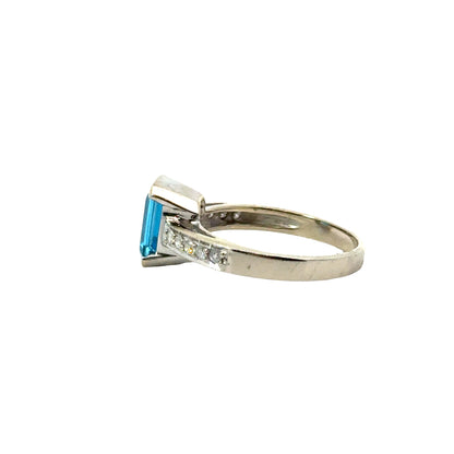 1990s Blue Topaz & Diamond Ring in 14K White Gold
