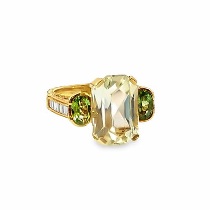 18K Three-Stone Aquamarine & Peridot Ring with Accent Diamonds