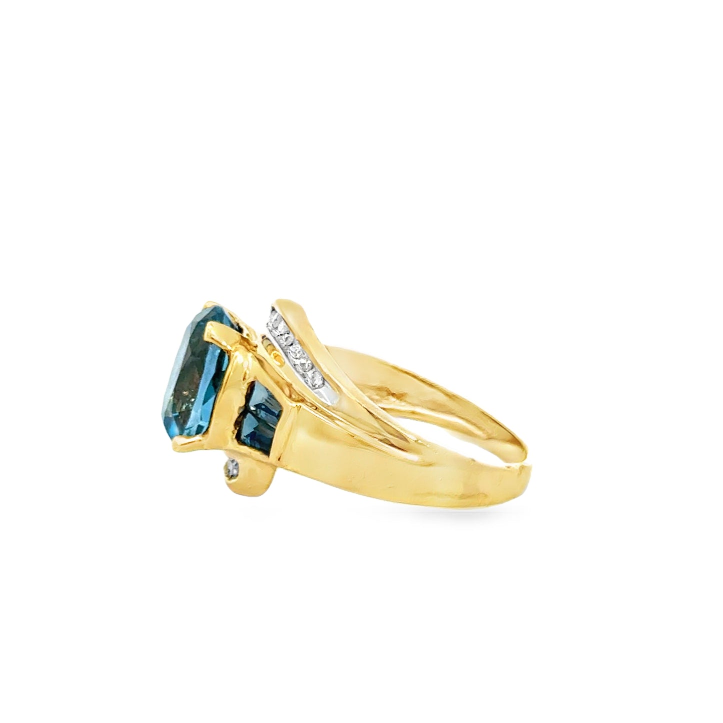 14K Yellow Gold Oval & Baguette Cut Aquamarine & Diamond Accent Ring