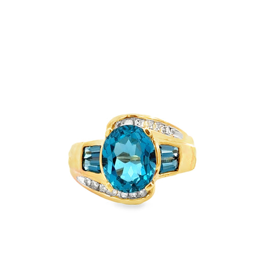 14K Yellow Gold Oval & Baguette Cut Aquamarine & Diamond Accent Ring