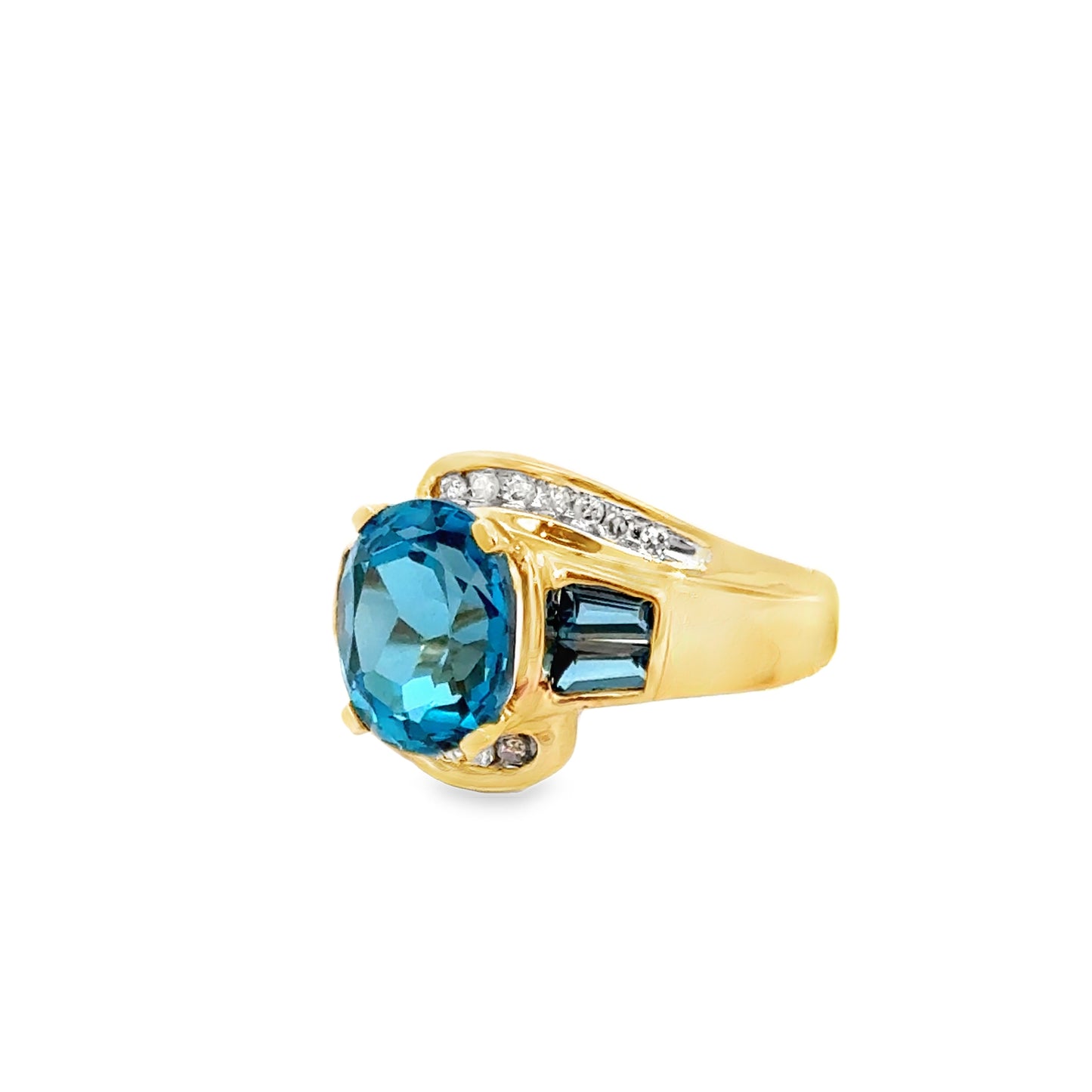 14K Yellow Gold Oval & Baguette Cut Aquamarine & Diamond Accent Ring