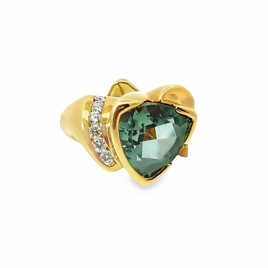 Bold 14K Yellow Gold Trillion-Cut Green Aquamarine and Diamond Accent Ring