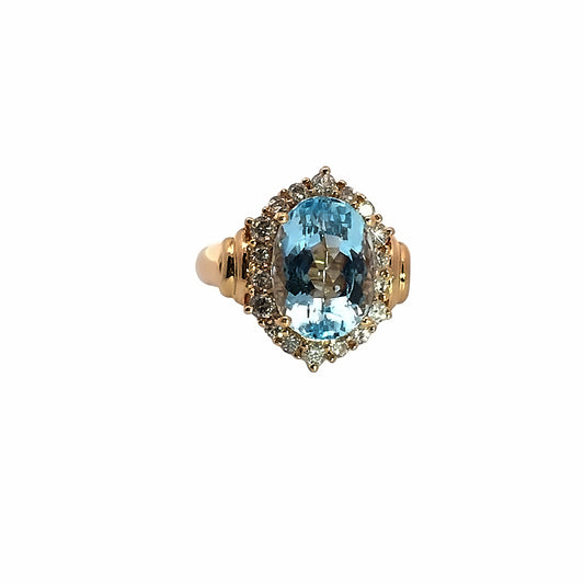 Stunning 14K Oval Cut Blue Aquamarine and Diamond Ring