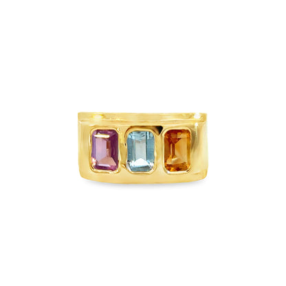 14K Yellow Gold Wide Band Ring with Citrine, Aquamarine & Amethyst